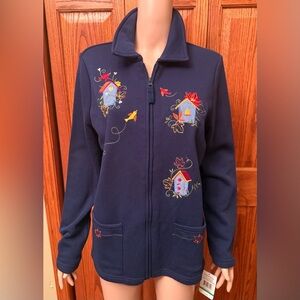 NWT Breckenridge Women’s Fleece Navy Embroidered Birdhouses Full Zip Large